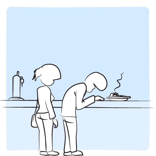 Le plat arrive sur sur le comptoir. L’homme le renifle. Il grimace.