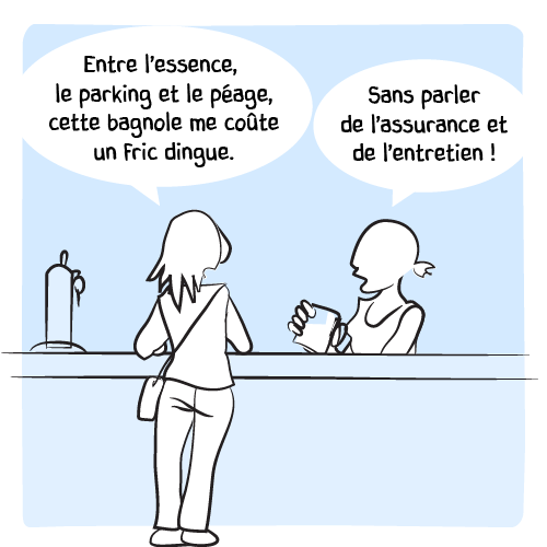 « Entre l’essence, le parking et le péage, cette bagnole me coûte un fric dingue. » La barmaid complète :  « Sans parler de l’assurance et de l’entretien ! ».