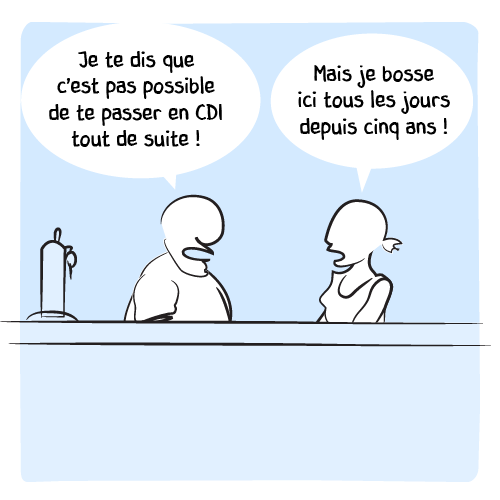 Le barman discute avec la serveuse : « Je te dis que c’est pas possible de te passer en CDI tout de suite ! » Elle proteste : « Mais je bosse ici tous les jours depuis cinq ans ! »