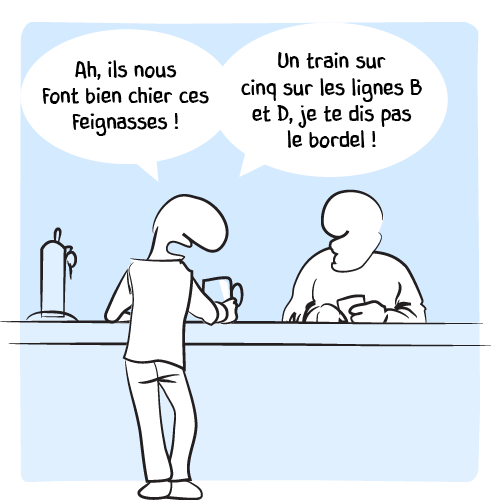 Un client commente l’actualité au barman : « Ah, ils nous font bien chier ces feignasses ! Un train sur cinq sur les lignes B et D, je te dis pas le bordel ! »